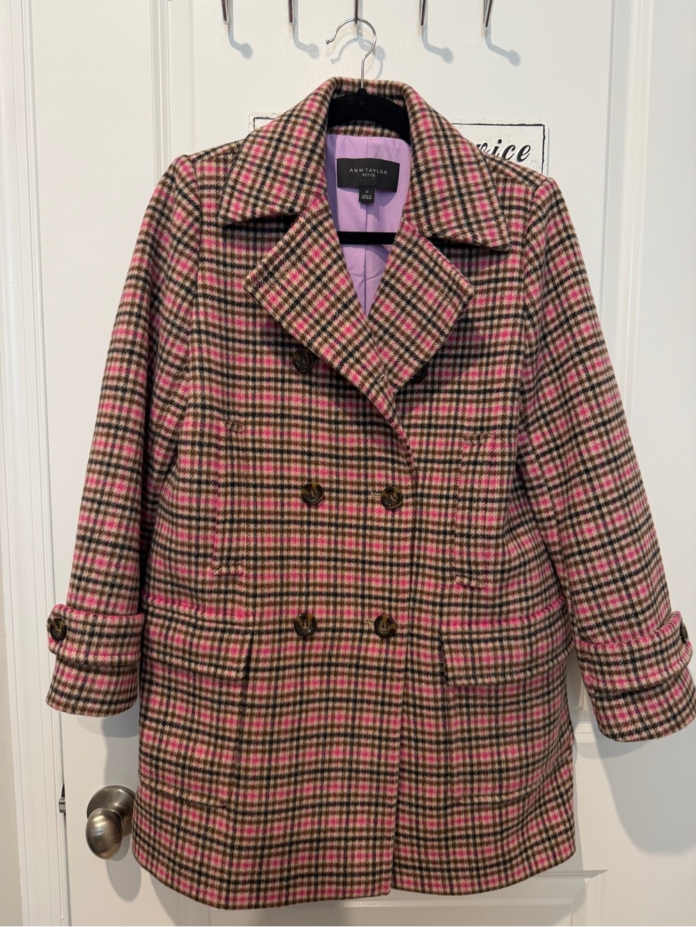 Ann Taylor Pink Plaid Double-Breasted Peacoat Small Petite